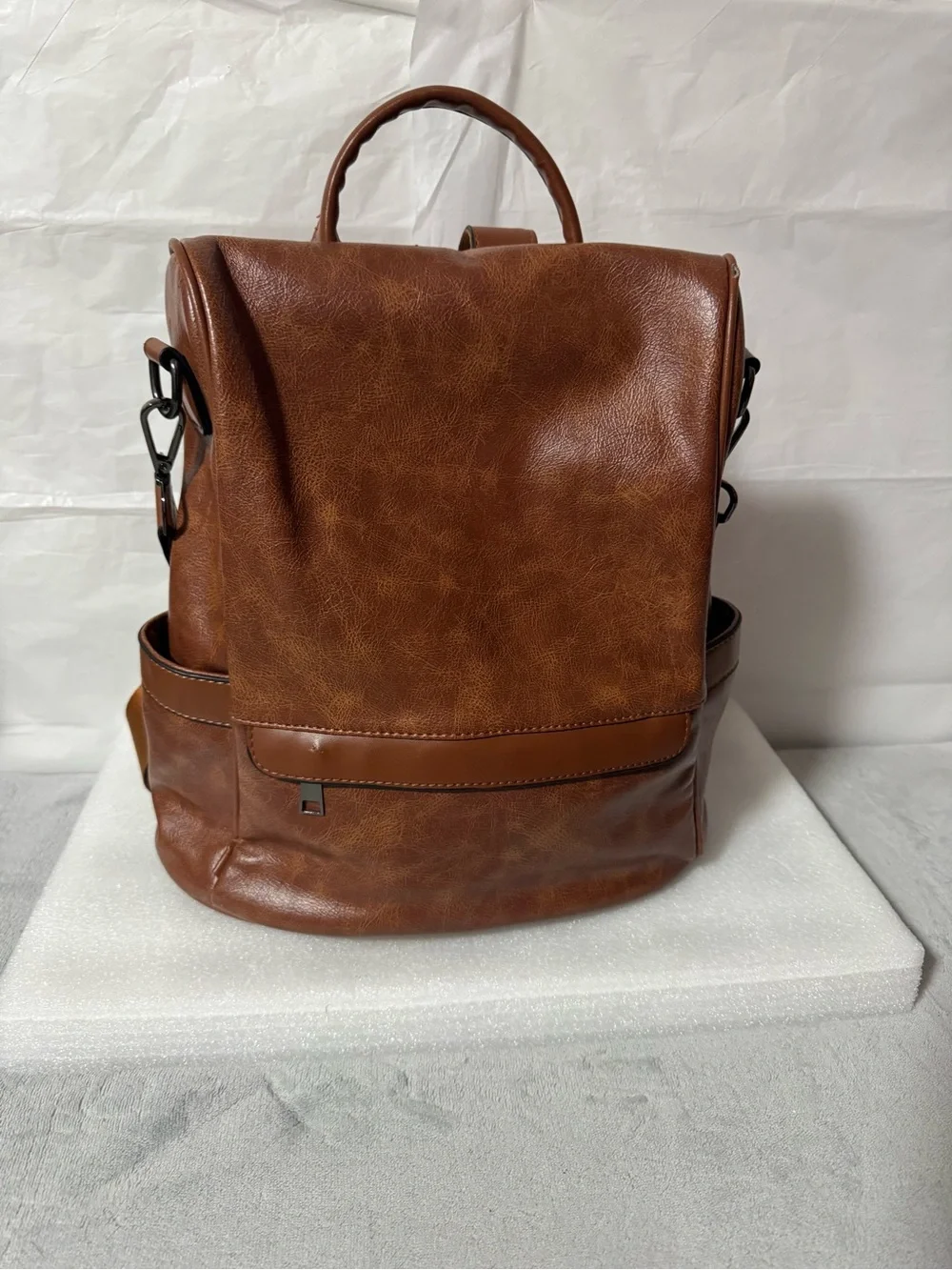 Men's Brown Leather-Look Backpack Tote - Stylish Everyday Bag